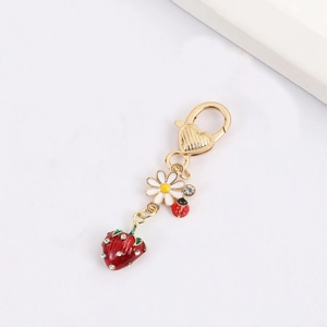 3D strawberry keychain with daisy charm, ladybug pendant and rhinestone heart clasp