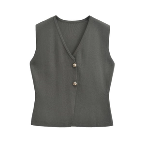 Détail d'un gilet en maille gris foncé avec côtes verticales et deux boutons dorés ronds