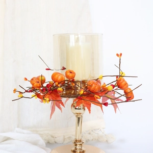 Autumn glass candle holder with pumpkin maple leaves and golden metal base for home decor
