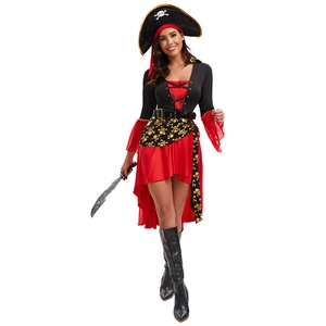 Women's pirate costume set with red and black dress, skull hat and prop sword
