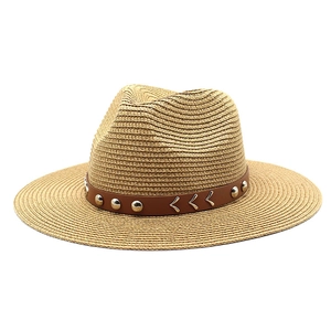 Unisex straw cowboy hat with a studded leather band and classic Fedora styling