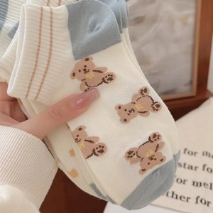 Cute bear pattern cotton ankle socks for women with light blue heel and toe contrast