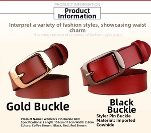Detail view of leather belt specs showing 2.8cm width and premium pin buckle buckle variety