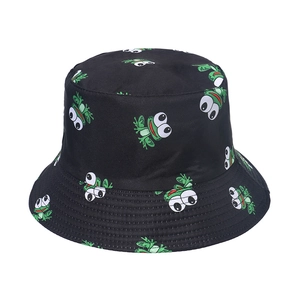 Black bucket hat featuring green cartoon frog patterns with stitched reinforced brim