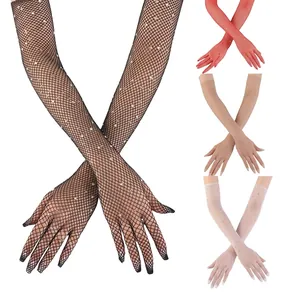 Fishnet Lace Gloves Long Rhinestone Mesh Polyamide Polyester Over Elbow Party Wedding Costume Clubwear For Women Elegant