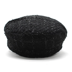 Elegant black tweed beret with silver metallic thread and retro octagonal structure