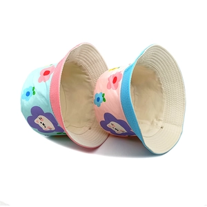Kids color-block bucket hats with cute cartoon floral and animal patterns for sun protection