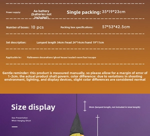 Size chart for hanging witch ghost decoration with battery and dimension specifications