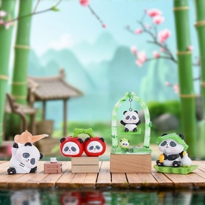 Set of four creative panda figurines in traditional Chinese garden scenes for desk decor