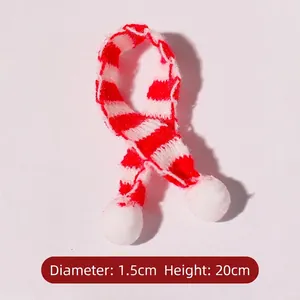 Red and white striped mini knitted scarf with white pom-poms and size dimensions