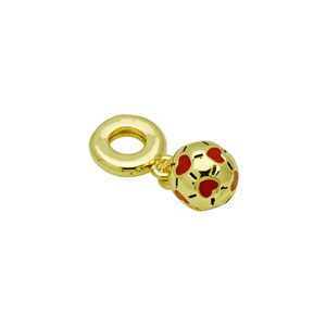 Detailed close-up of 18k gold-plated round hollow pendant with red enamel heart pattern