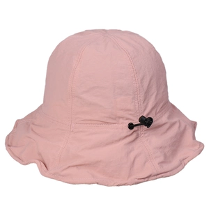 Pink wide brim bucket hat with adjustable black drawstring on a clean white background