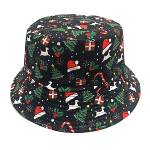 Black Christmas bucket hat with festive trees, reindeer and snowflakes patterns