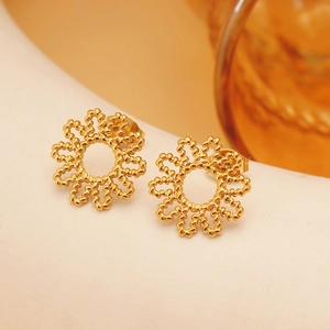 Macro shot of gold-plated stainless steel hollow sun flower earrings with twisted texture