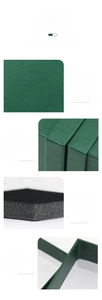 Detailed view of dark green jewelry box featuring textured paper and thick foam lining