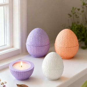Macro detail of egg-shaped candle holders with realistic knitted texture in various colors