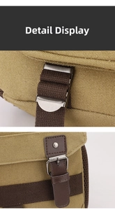 Close-up of khaki canvas backpack featuring brown leather straps and metal buckles