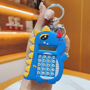 Blue dinosaur mini calculator keychain with LCD screen and silver metal climbing hook