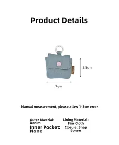 Detailed view of blue denim mini earphone pouch with pink button and white carabiner