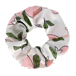 Fashionable white scrunchie with pink peach and green leaf pattern for women and kids
