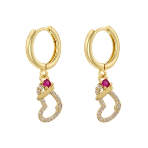 Detail of Christmas stocking drop earrings with red gemstones and sparkling zircons