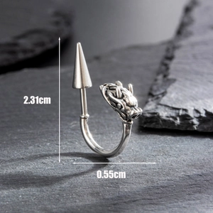 Vintage dragon head spike hoop earring in oxidized steel with dimensions 2.31cm and 0.55cm