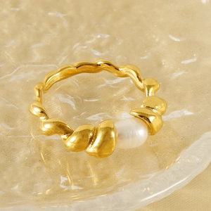 18k gold plated stainless steel twisted rope ring with natural pearl for women