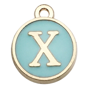 Light blue enamel round pendant with gold letter X for DIY jewelry making
