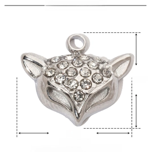 Macro view of 12mm x 10mm stainless steel fox head pendant with crystal accents