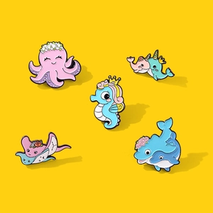 Alloy Enamel Cartoon Ocean Animal Brooches Pins Pink Octopus Blue Dolphin Seahorse Narwhal Manta Ray Badges
