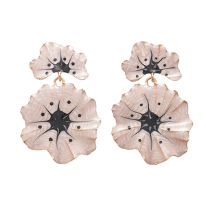 Ginkgo leaf earrings with pink enamel finish and black abstract dots in gold plating
