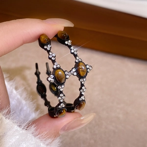 Vintage C-shaped hoop earrings with tiger eye stone and rhinestones in dark finish