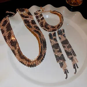Luxury champagne gold leopard print rhinestone jewelry set including necklace and earrings