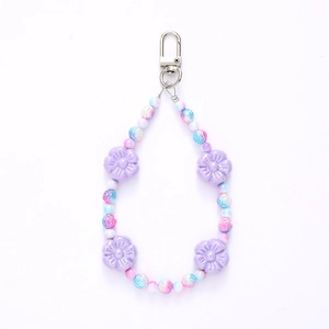 Colorful acrylic flower pendant phone strap with purple floral beads and silver metal clasp