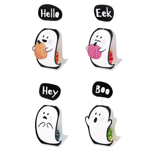 Detail of four cute ghost lollipop card holders for Halloween candy decorations