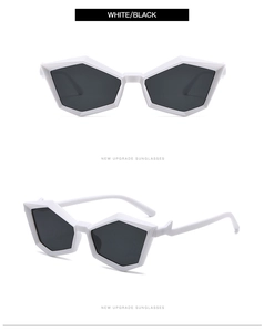 Front and 45-degree angle views of geometric white polygon sunglasses with black lenses
