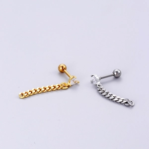 Macro view of gold and silver heart stud earrings with chains and screw ball backs