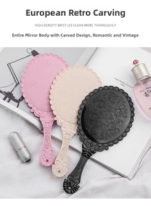 Detail of vintage style handheld mirrors with intricate floral carvings in three colors