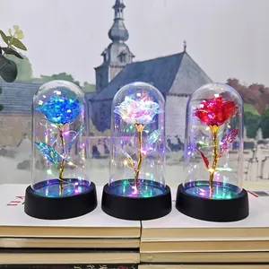 Three-color LED gold leaf rose flowers in glass domes with elegant black matte bases