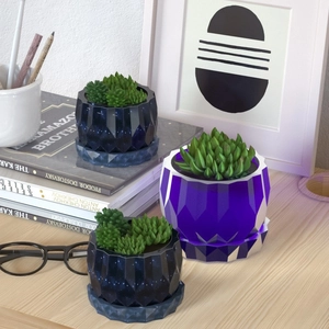 Starry sky pattern geometric succulent planters with matching trays on a desk