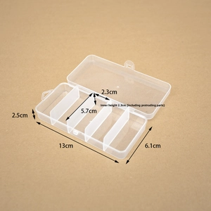 Detailed dimensions of 5-compartment clear PP storage box measuring 13x6.1x2.5 cm