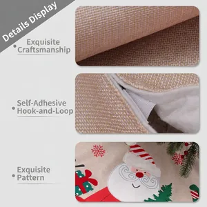 Linen Christmas tree skirt with Santa Claus pattern and red plaid trim decoration