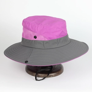Outdoor sun hat with ponytail hole, breathable mesh, and adjustable chin strap in purple