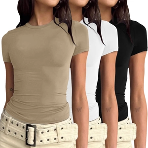 Dreierset eng anliegende Strick-T-Shirts in Khaki, Weiß und Schwarz für Damen