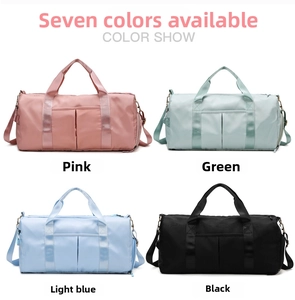Multiple colors of large travel bags showing pink, green, blue and black nylon options
