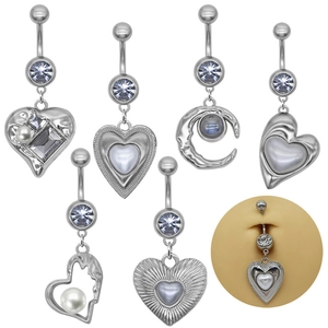 Zinc Alloy Heart Moon Belly Button Ring With Zircon And Artificial Pearl Piercing Jewelry For Women Navel Piercing