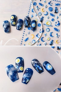 Detailed view of 5D embossed nail stickers featuring Starry Night art and swirl textures