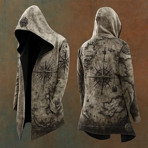 Detail of vintage nautical map print on hooded long cardigan with compass patterns