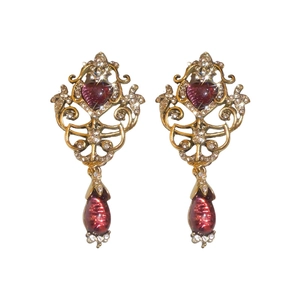 Vintage gold hollow earrings with red heart gems and sparkling drop crystals
