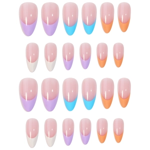 Rainbow almond press on nails with macaron french tips in purple blue and orange